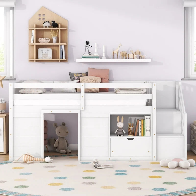 Tweepersoons laag stapelbed met trap, lade en plank – Grijs