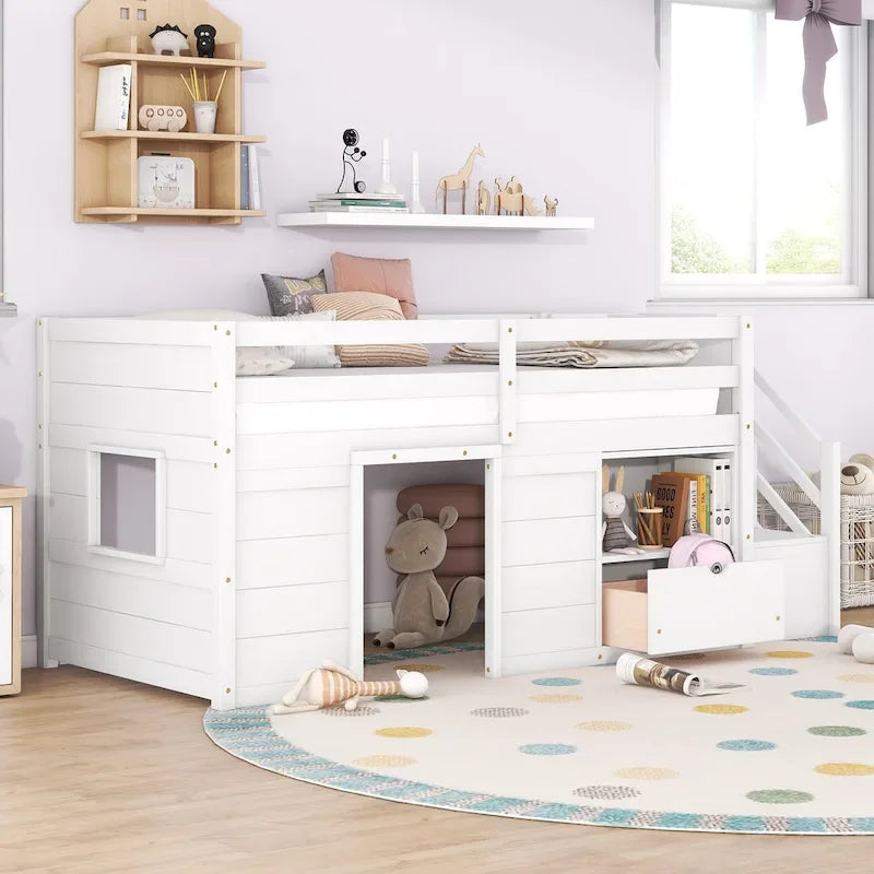 Tweepersoons laag stapelbed met trap, lade en plank – Grijs