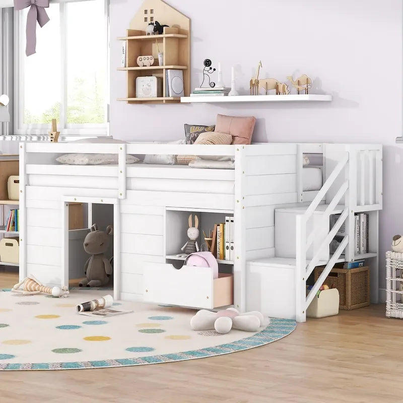 Tweepersoons laag stapelbed met trap, lade en plank – Grijs