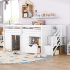 Tweepersoons laag stapelbed met trap, lade en plank – Grijs