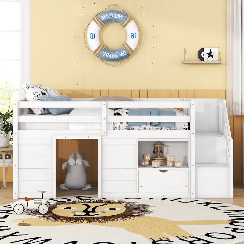 Tweepersoons laag stapelbed met trap, lade en plank – Grijs