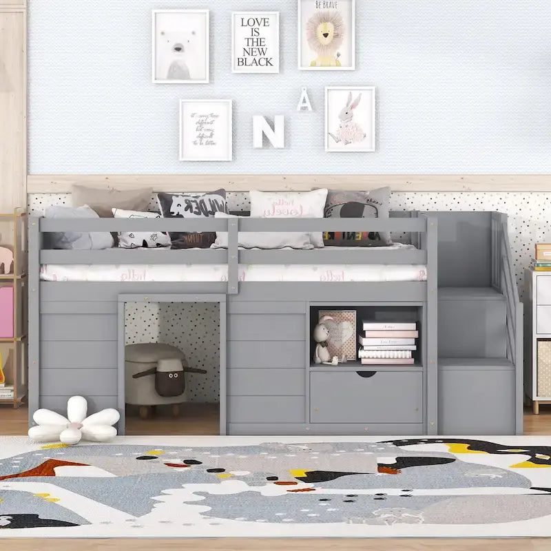 Tweepersoons laag stapelbed met trap, lade en plank – Grijs