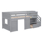 Tweepersoons laag stapelbed met trap, lade en plank – Grijs