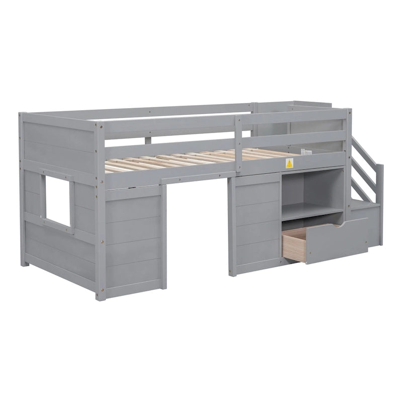 Tweepersoons laag stapelbed met trap, lade en plank – Grijs