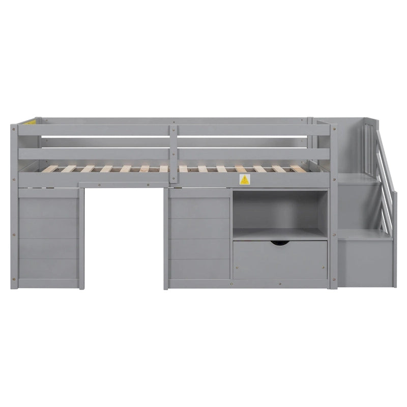Tweepersoons laag stapelbed met trap, lade en plank – Grijs