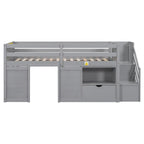 Tweepersoons laag stapelbed met trap, lade en plank – Grijs