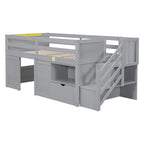 Tweepersoons laag stapelbed met trap, lade en plank – Grijs