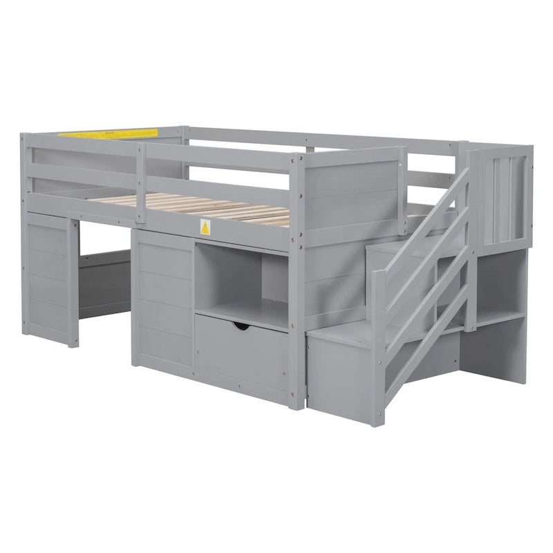 Tweepersoons laag stapelbed met trap, lade en plank – Grijs