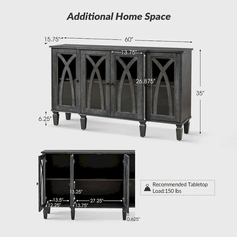 60-inch dressoir in landelijke stijl met glazen deuren