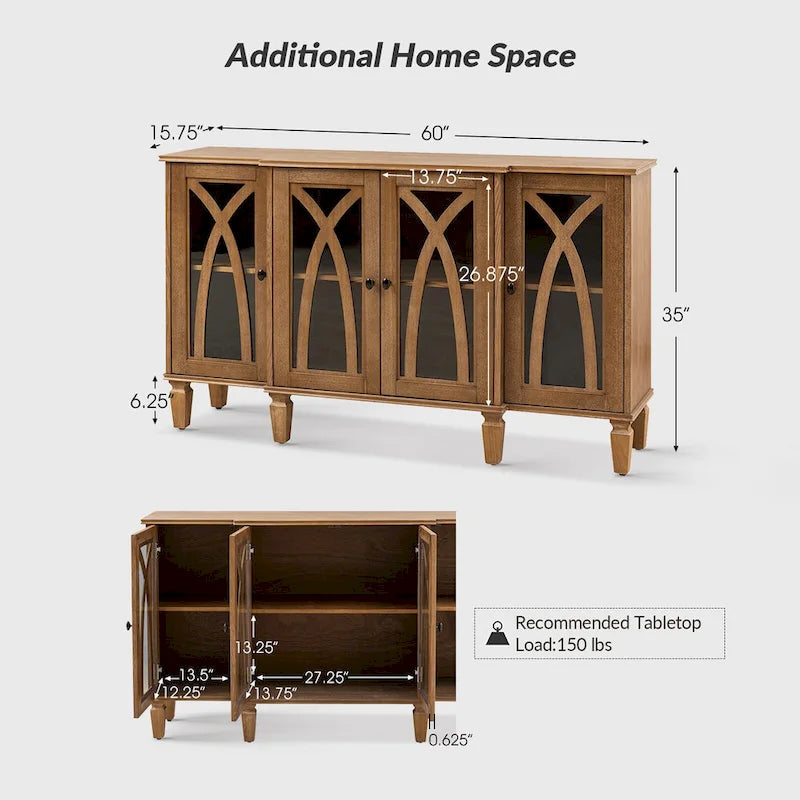 60-inch dressoir in landelijke stijl met glazen deuren