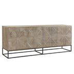 84" Mangohouten Gesneden Dressoir met 4 Deuren en IJzeren Onderstel