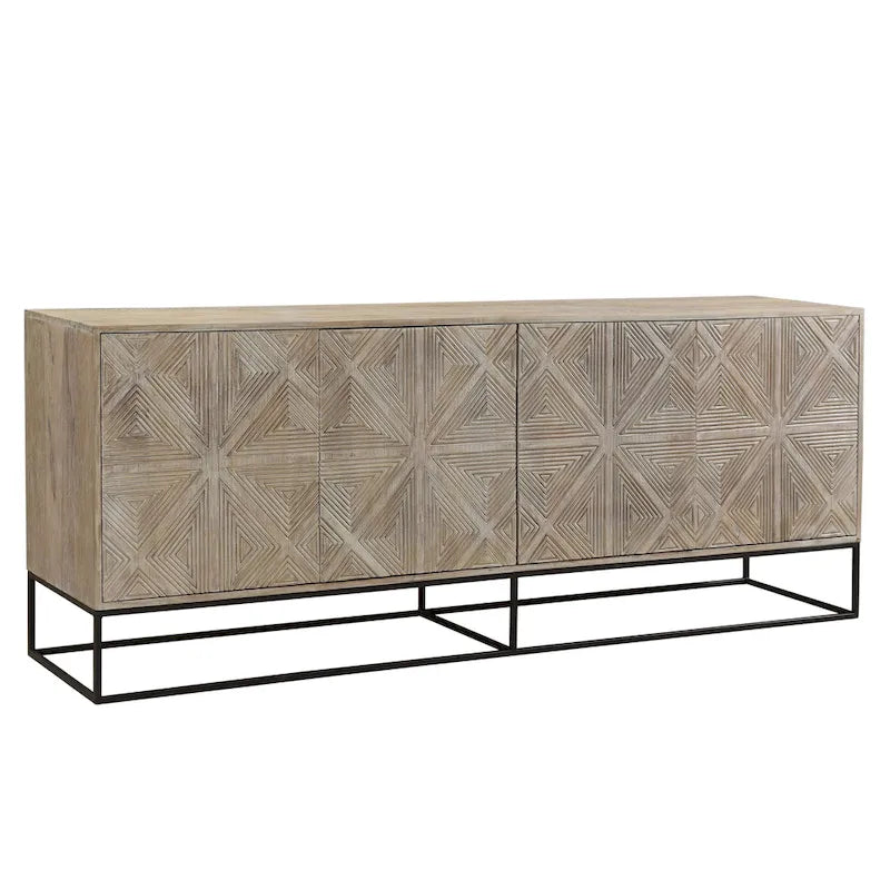 84" Mangohouten Gesneden Dressoir met 4 Deuren en IJzeren Onderstel