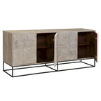 84" Mangohouten Gesneden Dressoir met 4 Deuren en IJzeren Onderstel