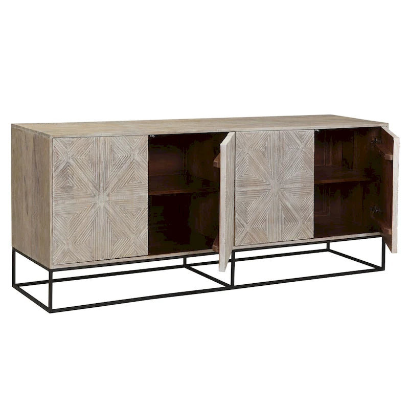 84" Mangohouten Gesneden Dressoir met 4 Deuren en IJzeren Onderstel