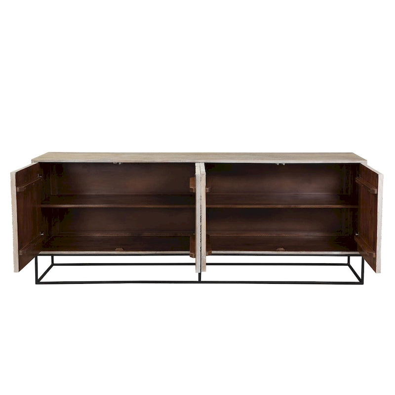 84" Mangohouten Gesneden Dressoir met 4 Deuren en IJzeren Onderstel