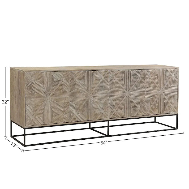 84" Mangohouten Gesneden Dressoir met 4 Deuren en IJzeren Onderstel