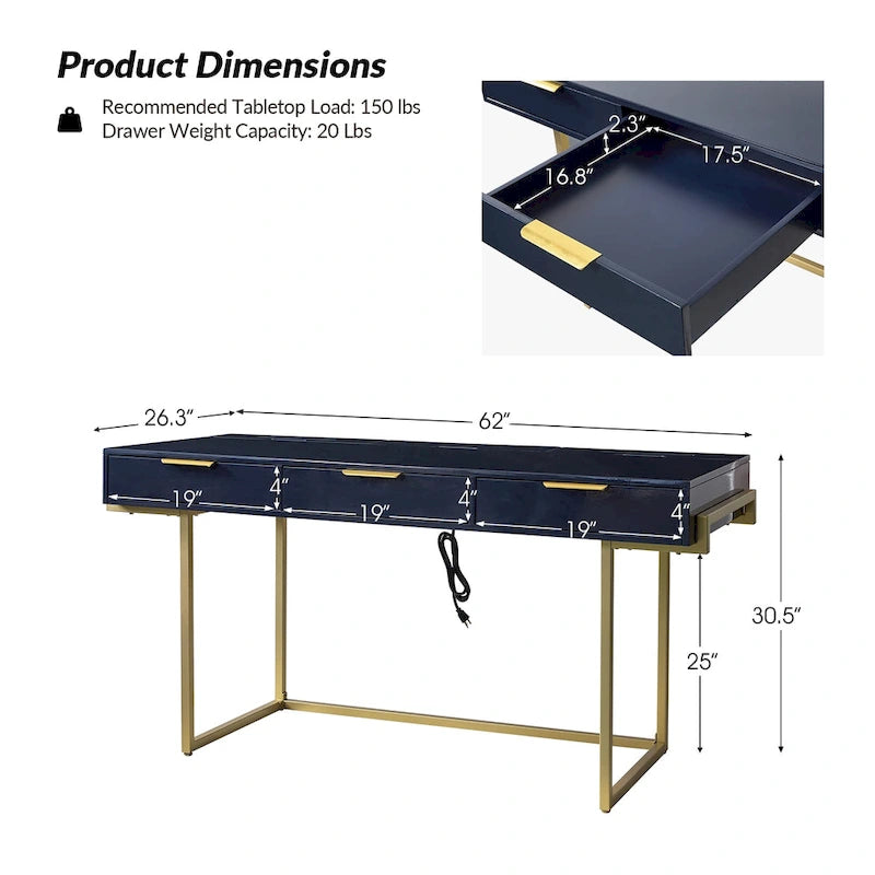 Modern bureau met 3 laden, USB-poorten en stopcontact