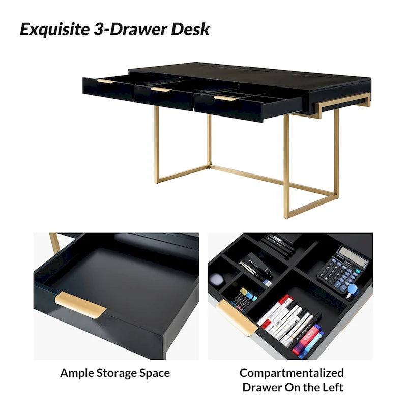 Modern bureau met 3 laden, USB-poorten en stopcontact
