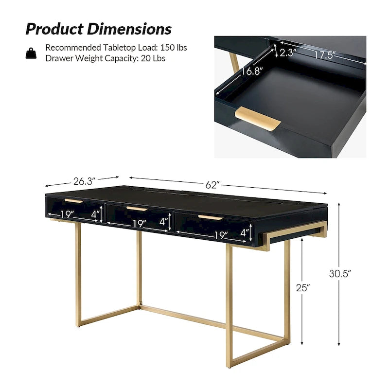 Modern bureau met 3 laden, USB-poorten en stopcontact