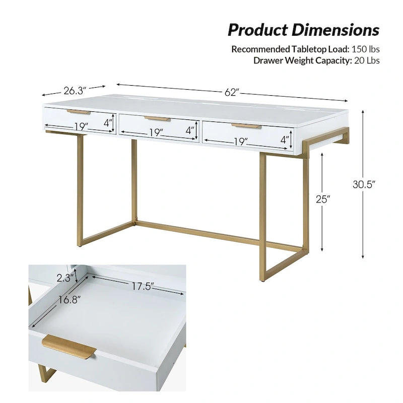 Modern bureau met 3 laden, USB-poorten en stopcontact